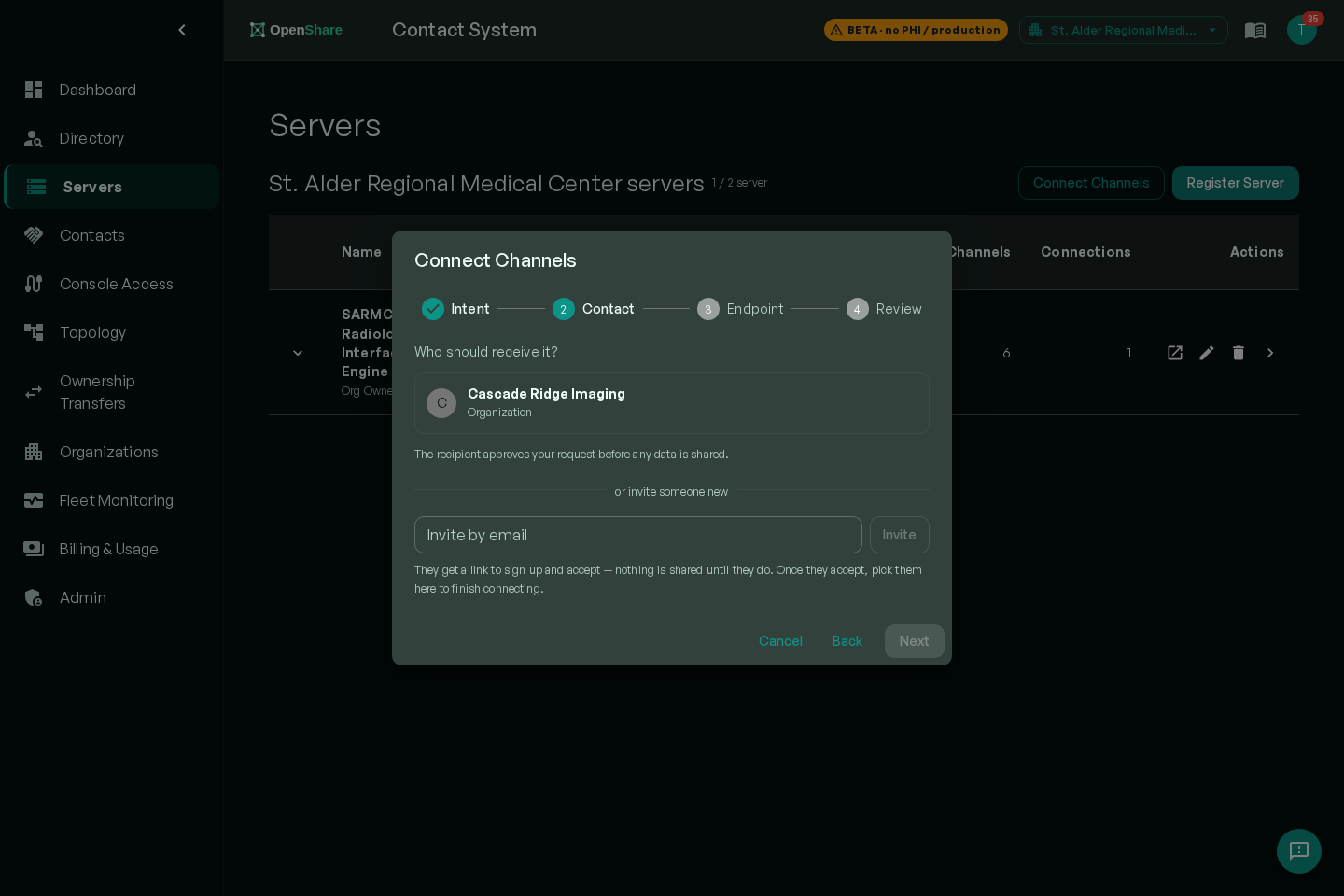 Connect Channels wizard: choose the receiving organization from your contacts; they approve the request before any data is shared