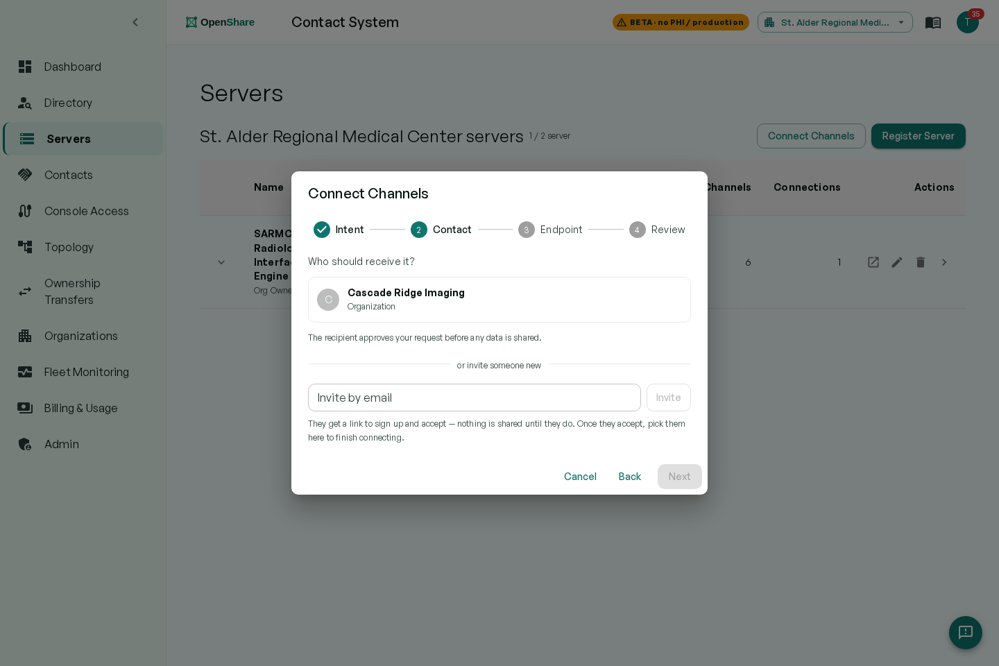 Connect Channels wizard: choose the receiving organization from your contacts; they approve the request before any data is shared