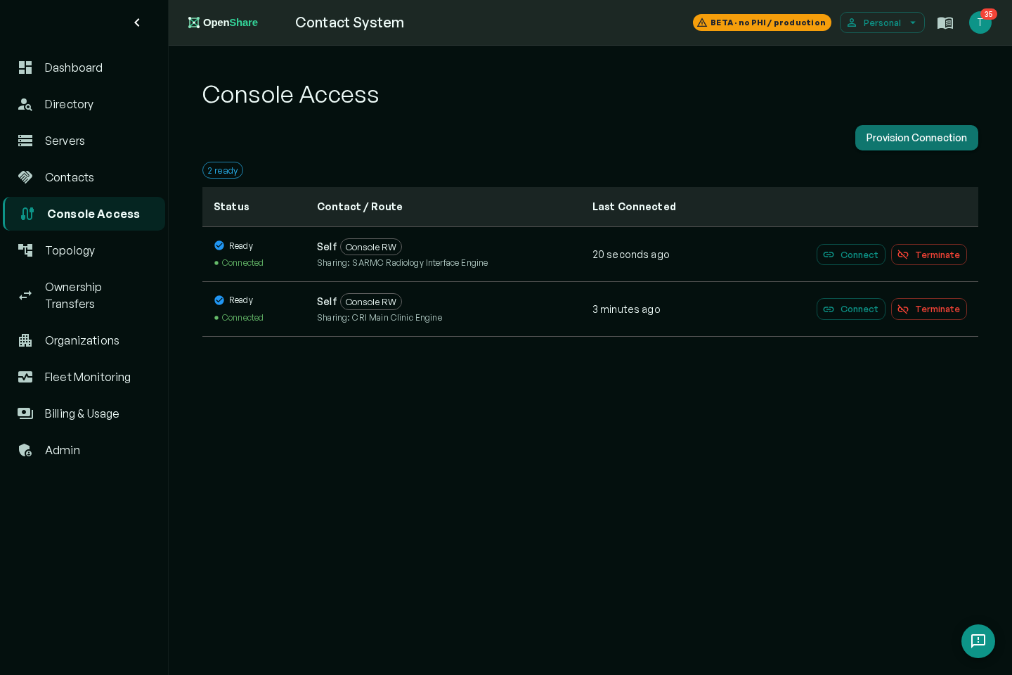 Console Access view showing live provisioned routes with ready status and last-connected times
