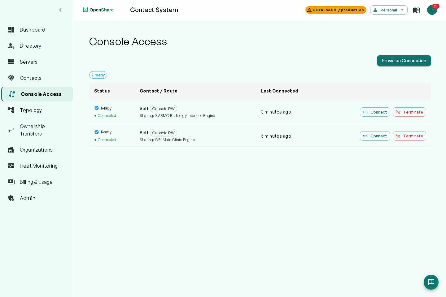 Console Access view showing live provisioned routes with ready status and last-connected times