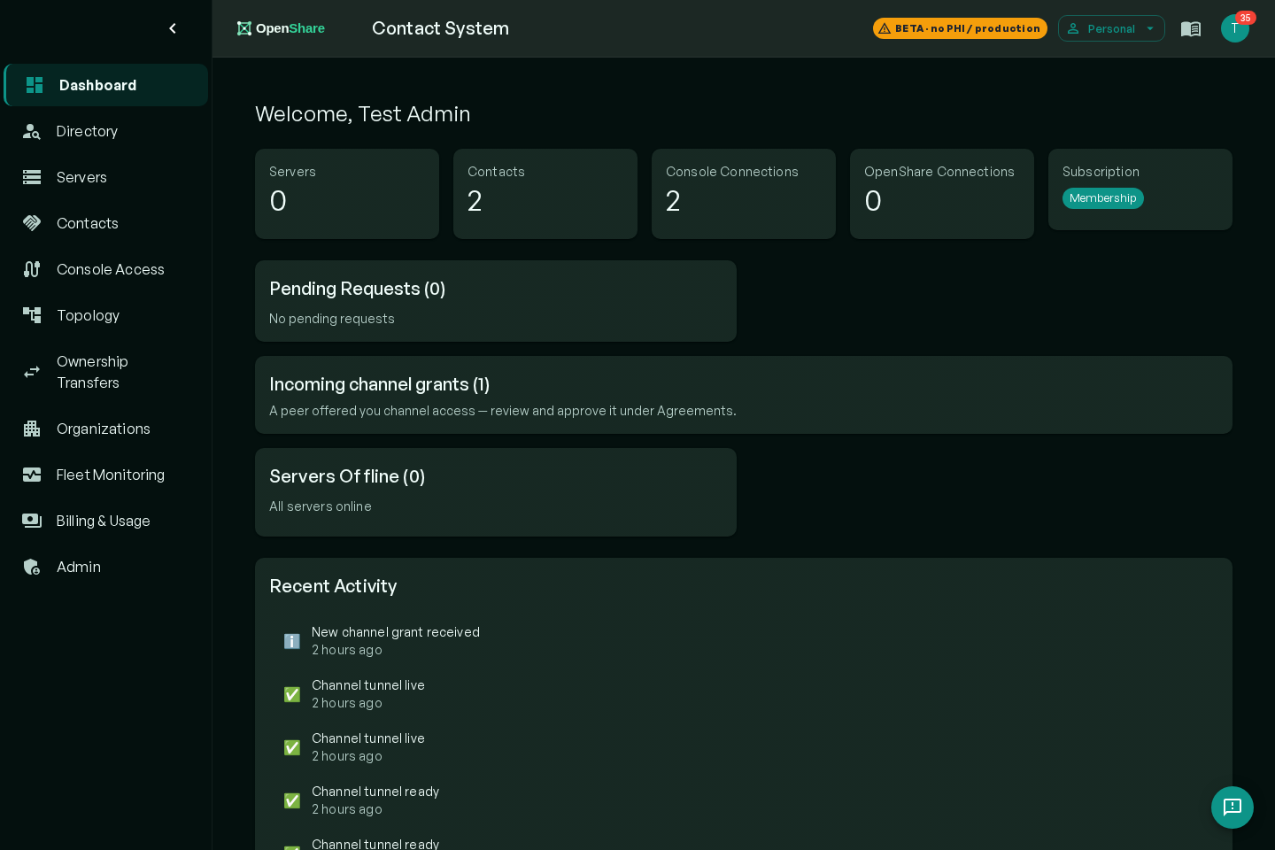 Contact app dashboard summarizing directory, agreements, and connection activity