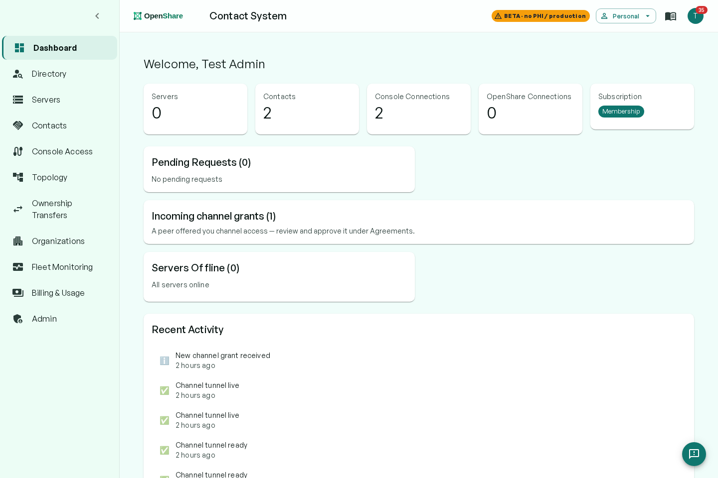 Contact app dashboard summarizing directory, agreements, and connection activity