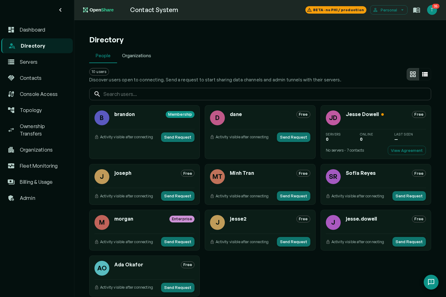 OpenShare Contact Directory: searchable list of member organizations open to connecting