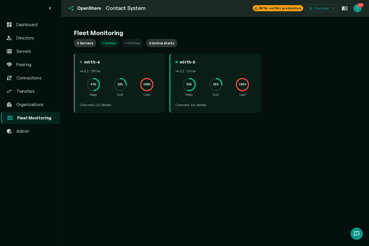 Fleet monitoring overview with per-server heap, disk, and load gauges