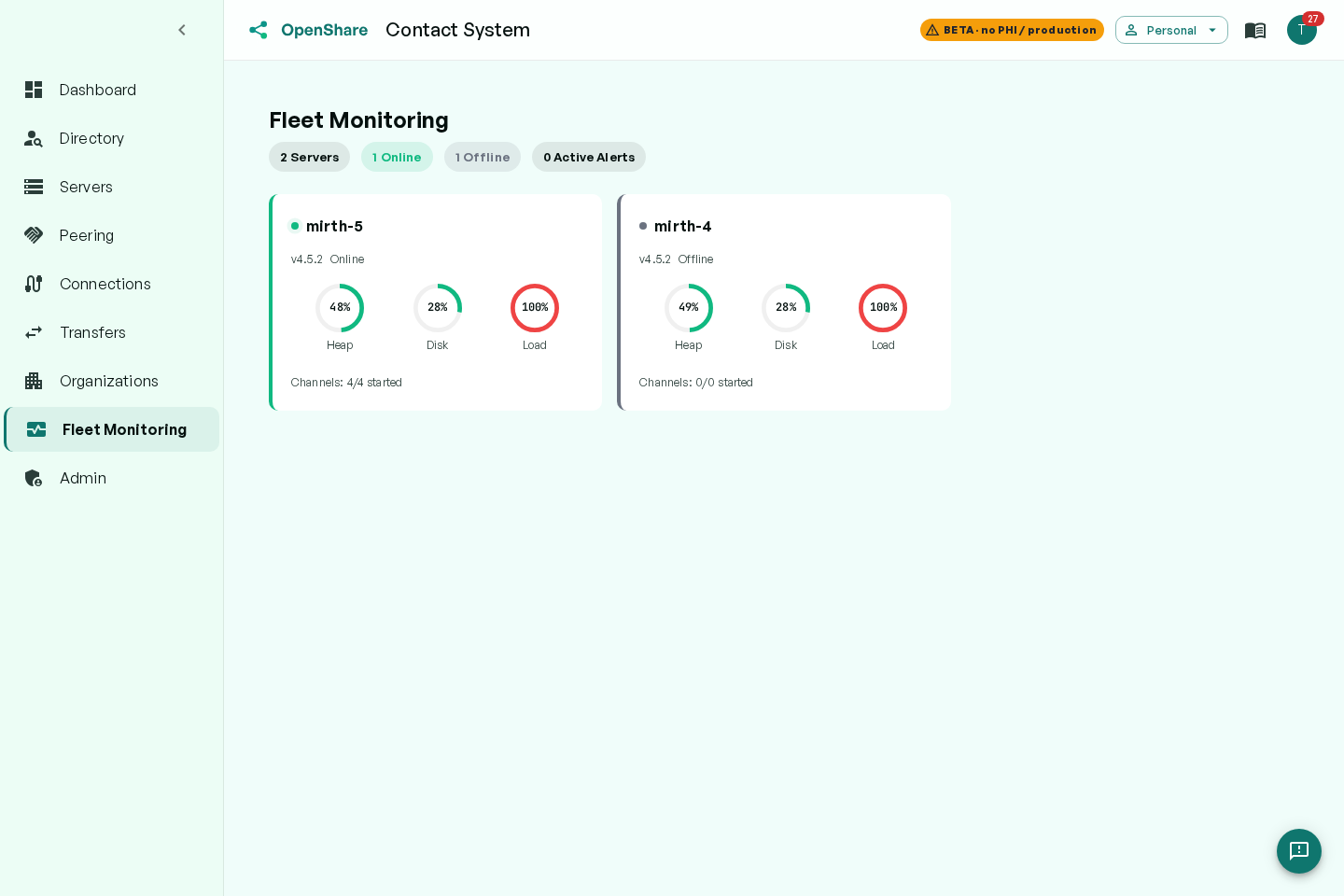 Fleet monitoring overview with per-server heap, disk, and load gauges