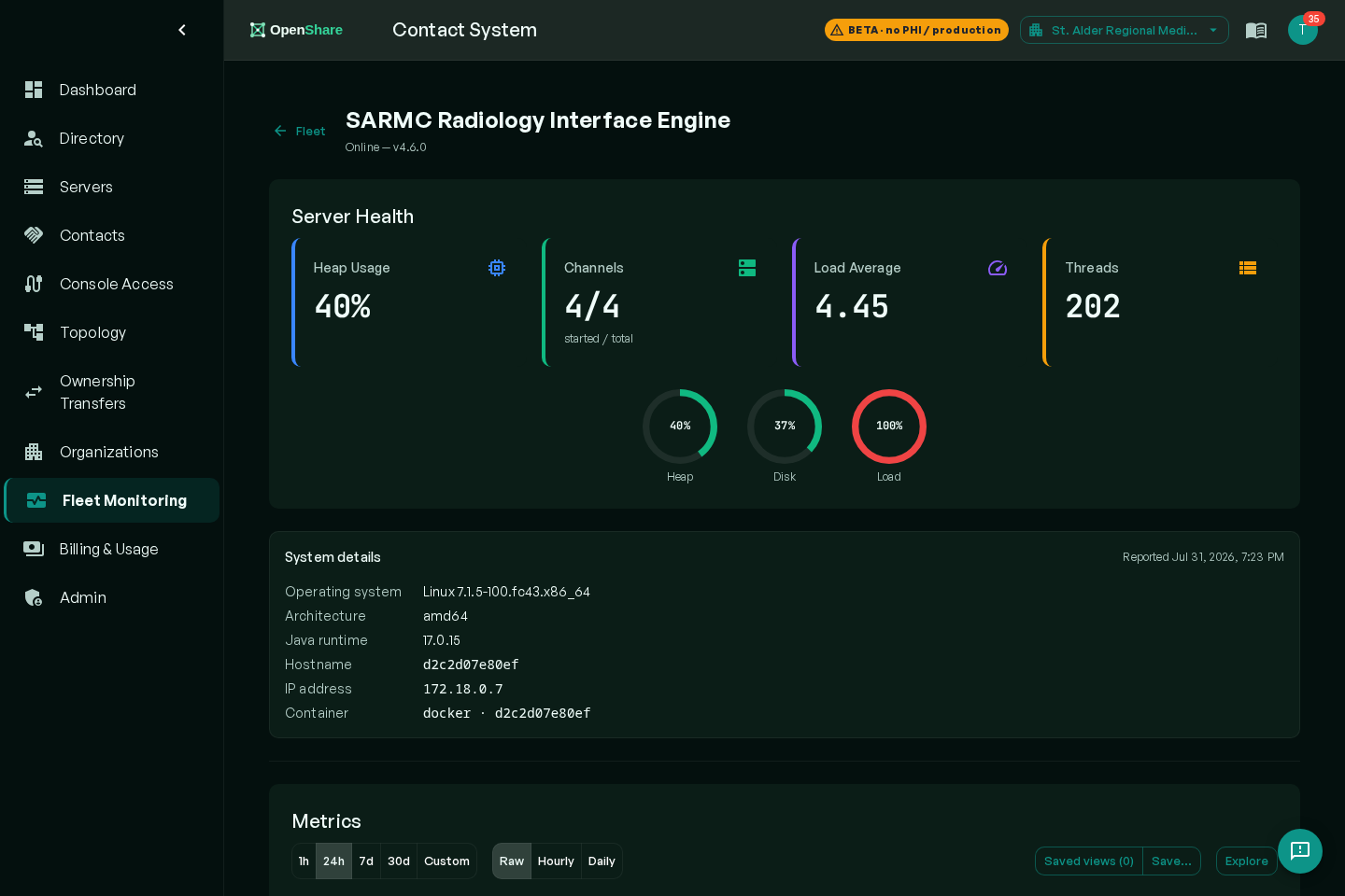Server health dashboard: heap, channels, load, threads, and a live metrics chart
