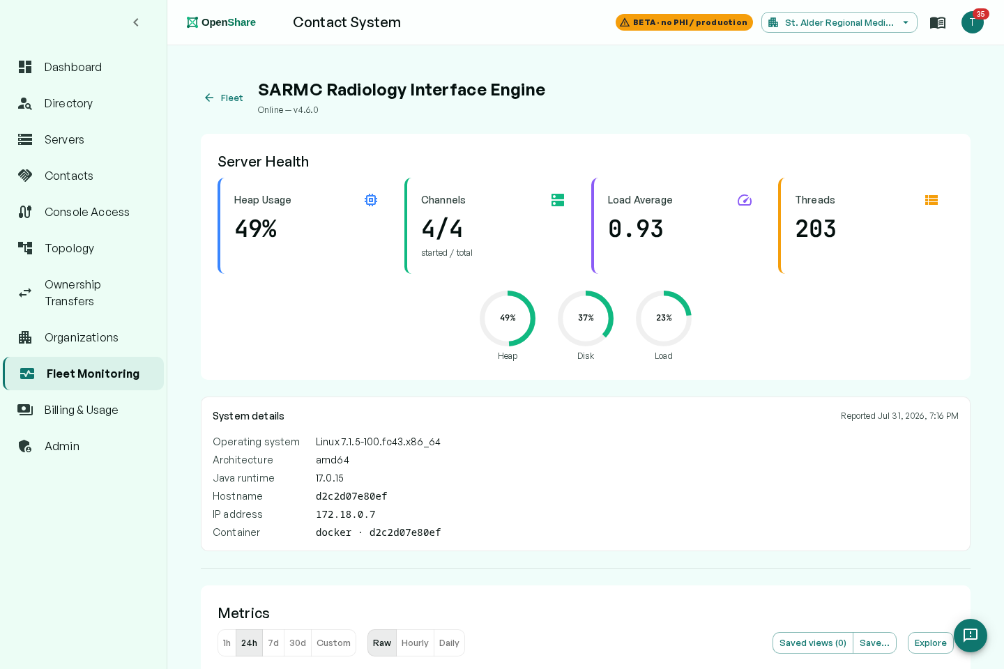 Server health dashboard: heap, channels, load, threads, and a live metrics chart