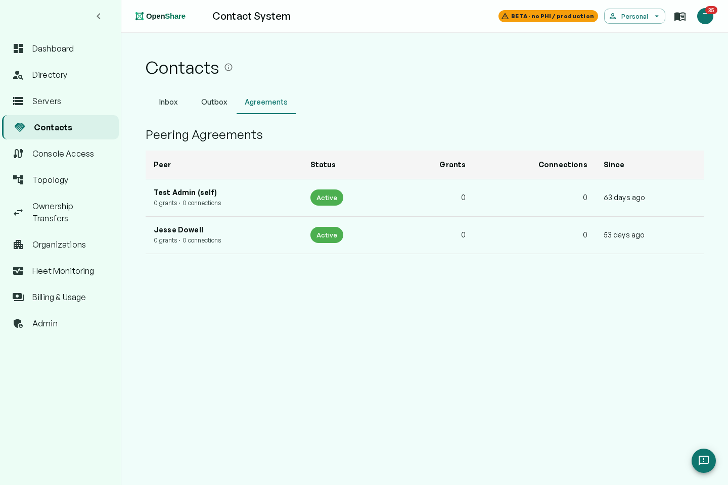 Peering view listing sharing agreements with each peer, their status, grants, and connections