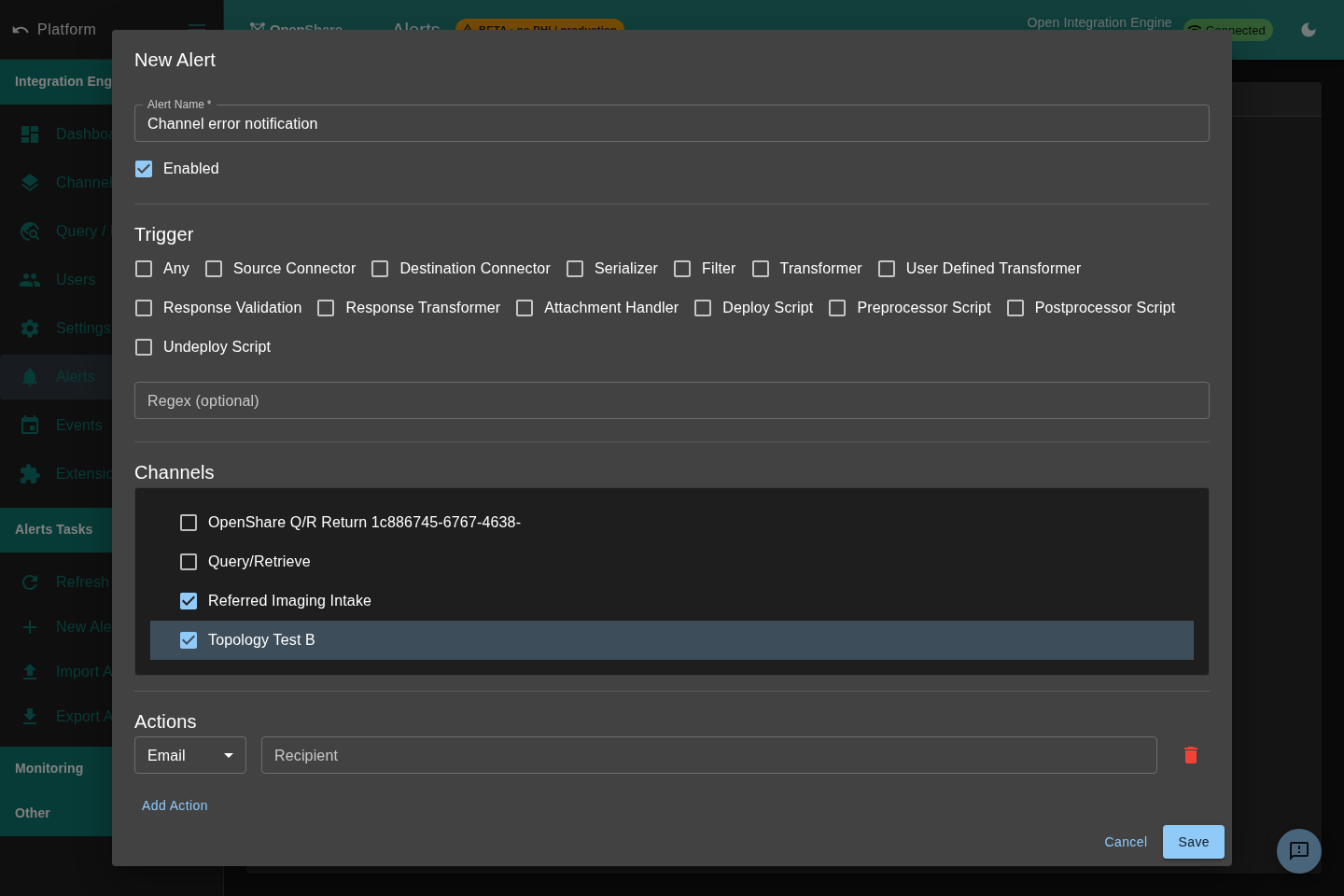 OpenShare Console alerts configuration screen