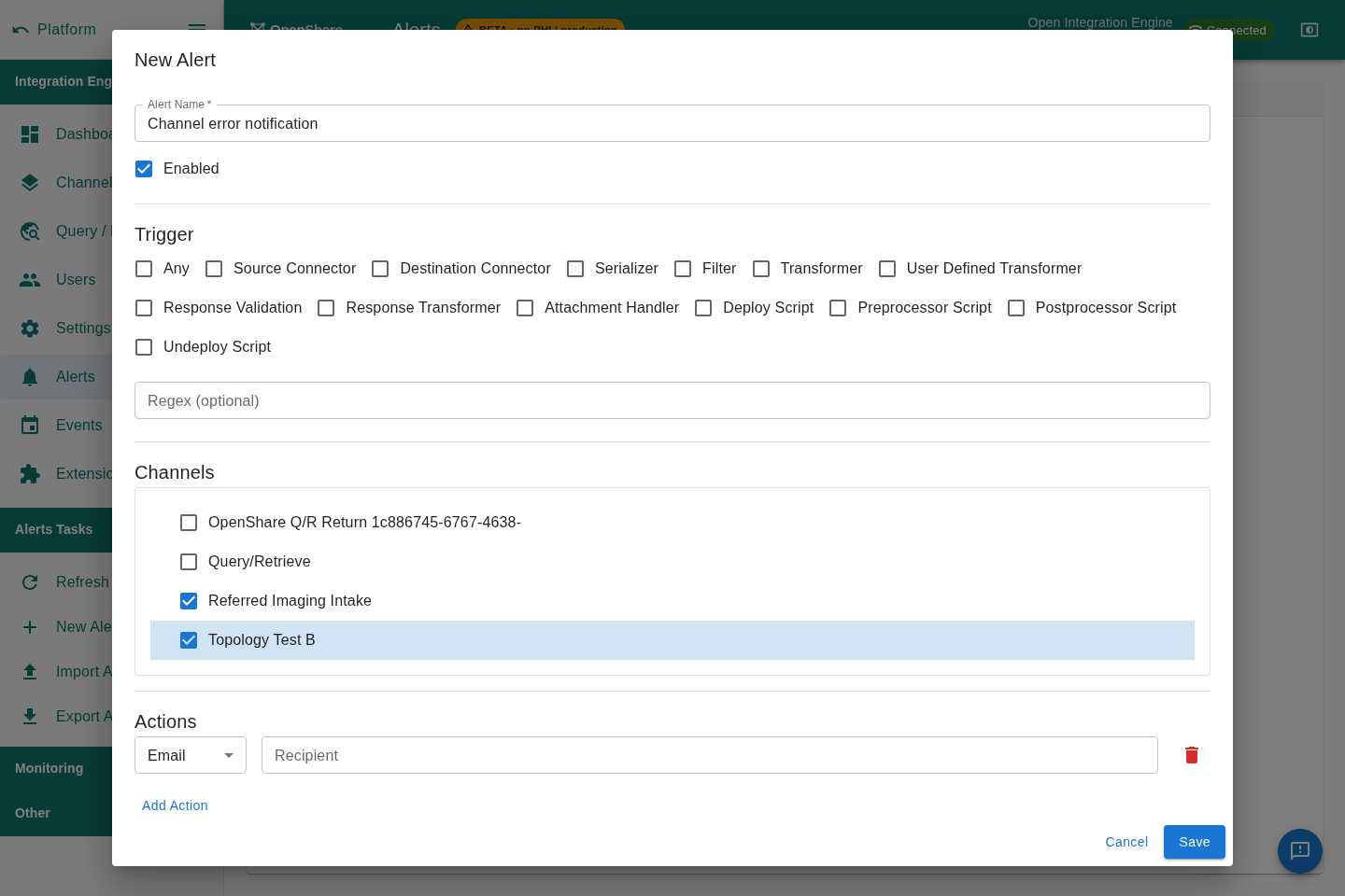 OpenShare Console alerts configuration screen
