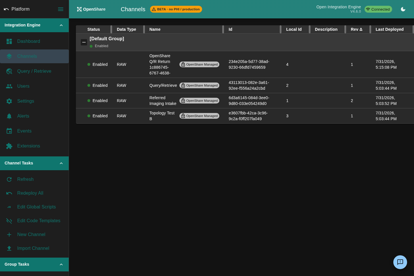 OpenShare Console channels list showing deployed HL7 channels across a server