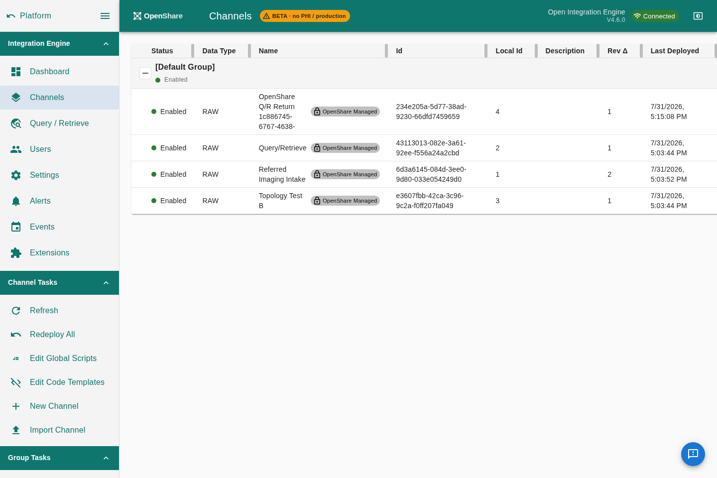 OpenShare Console channels list showing deployed HL7 channels across a server