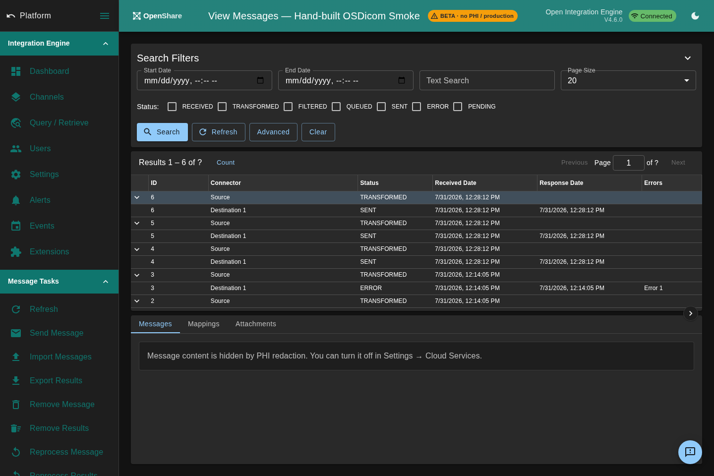 OpenShare Console message browser with parsed HL7 segments