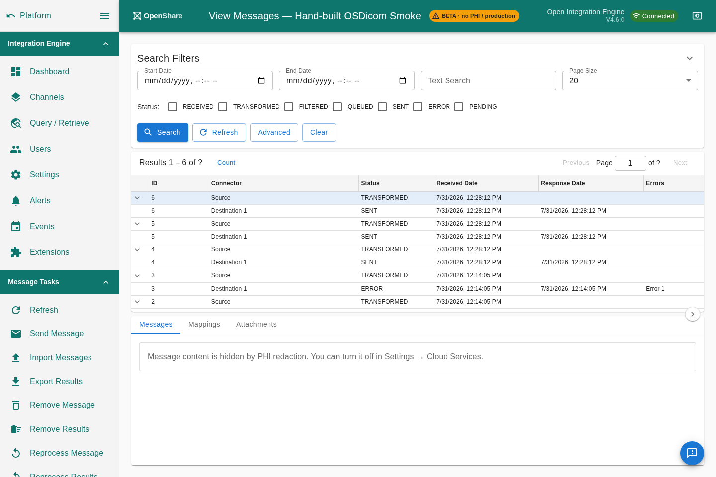 OpenShare Console message browser with parsed HL7 segments